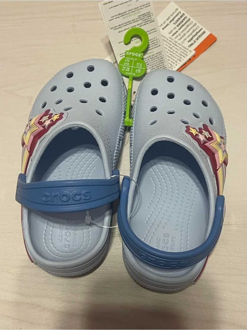 CROCS Kids Light Up Clogs with Blue Heel Straps and Multicolor Star Charms